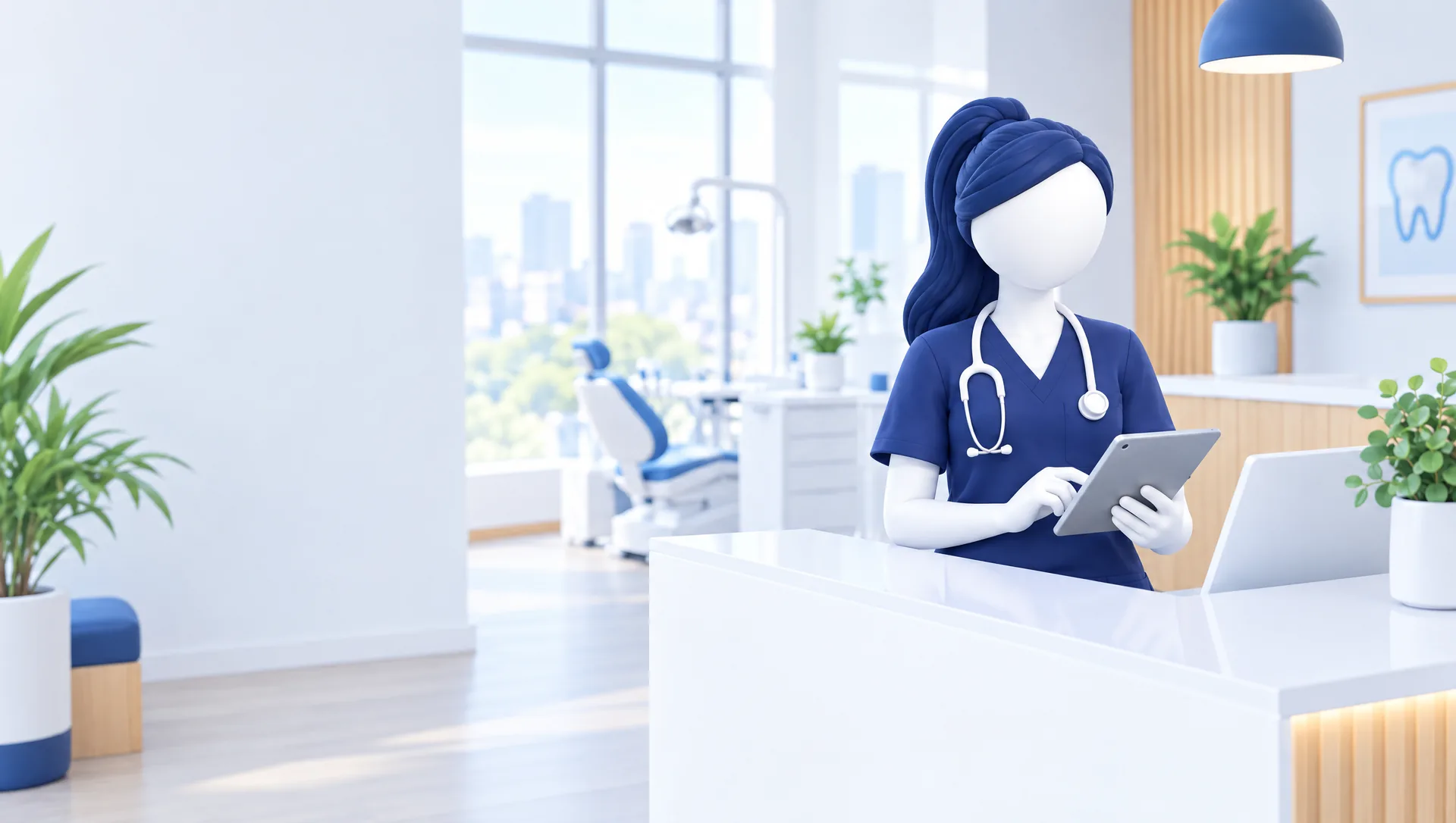 Ilustración 3D: la Dra. Camila Rojas, dueña de la clínica, configura MediCore en su tableta detrás del mesón de recepción.