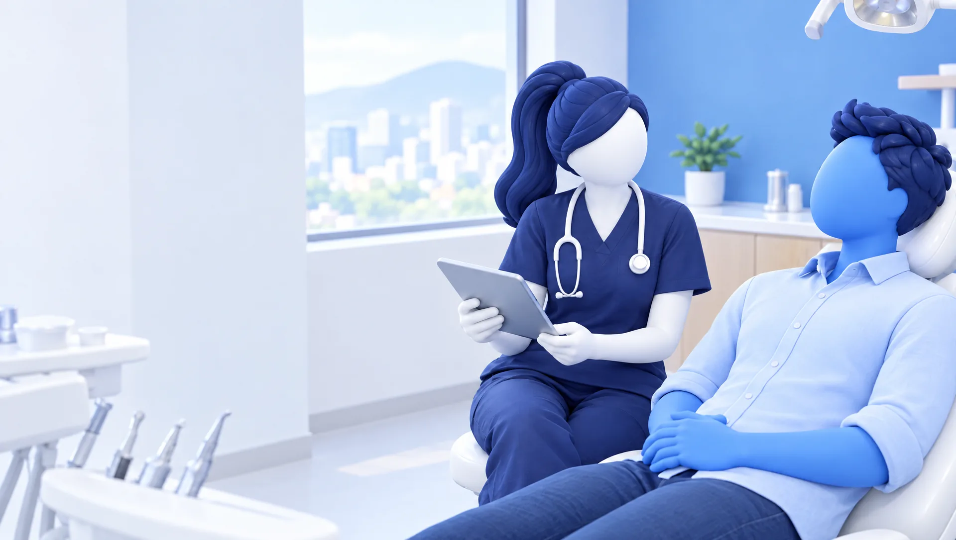Ilustración 3D: la Dra. Camila Rojas, con su tableta, conversa con Martín recostado en el sillón dental.