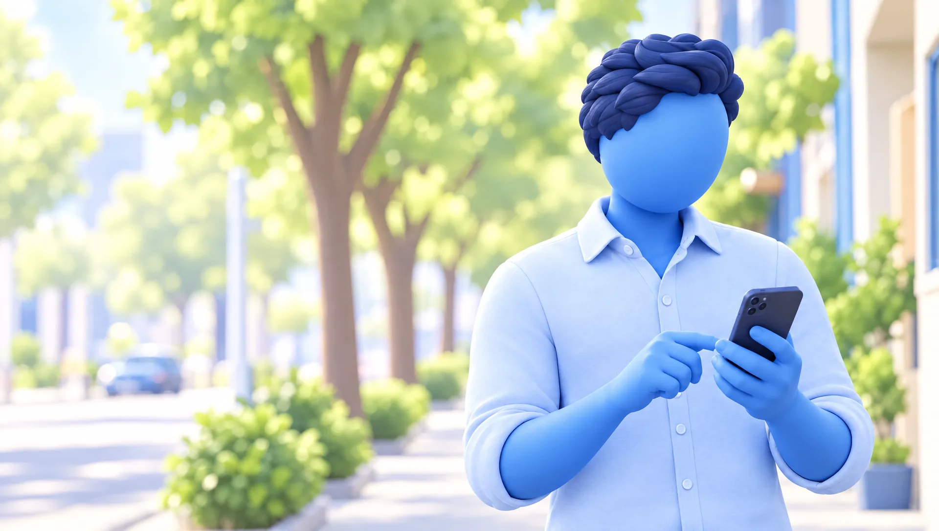 Ilustración 3D: Martín, en una calle con árboles, califica su visita en el teléfono.
