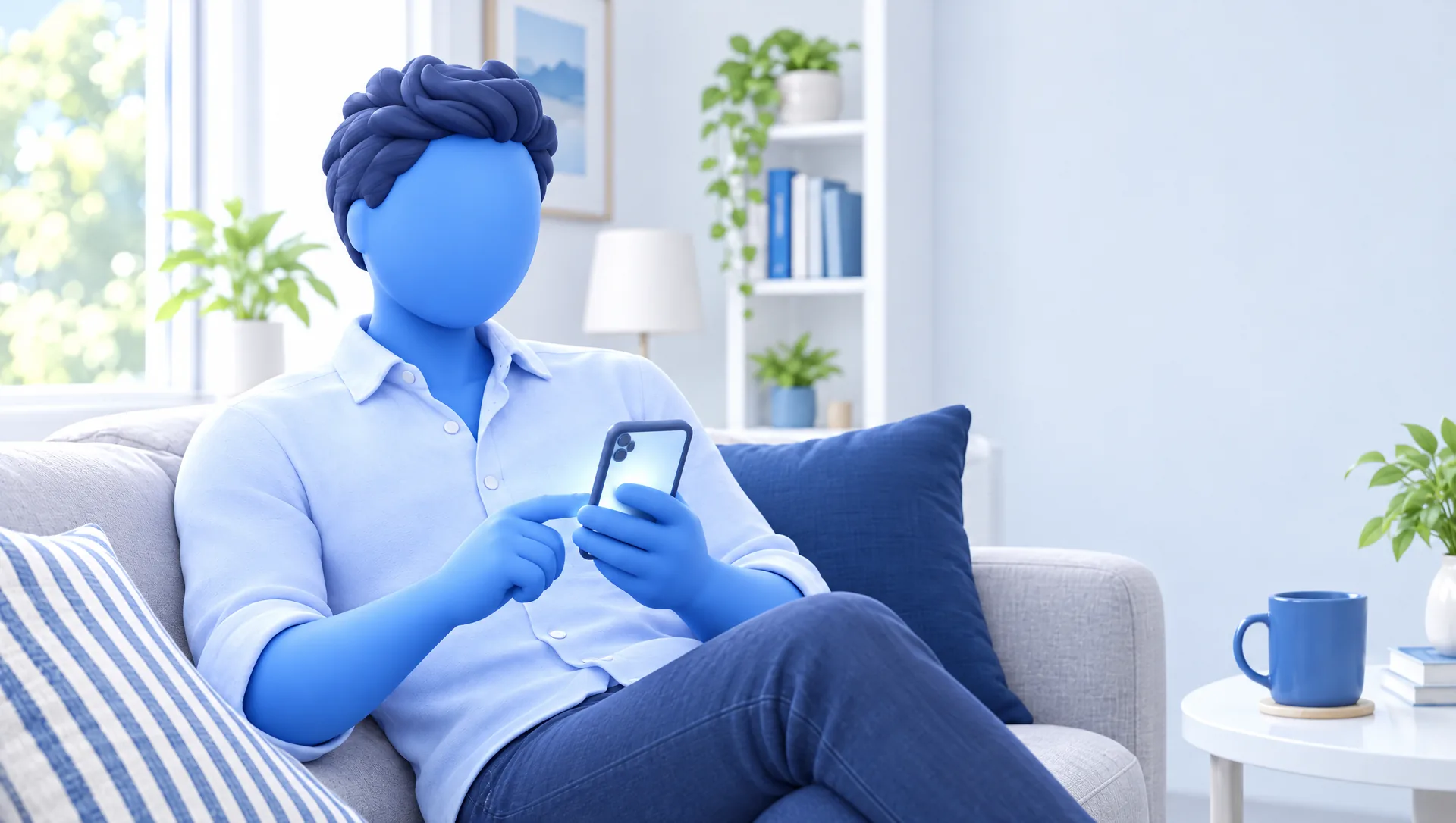 Ilustración 3D: Martín, sentado en el sofá de su casa, mira su teléfono.